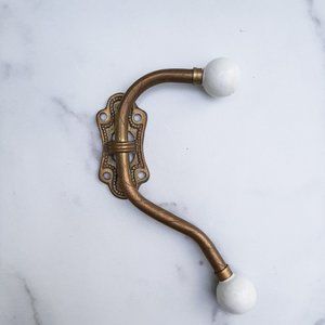 VINTAGE Brass & Porcelain Coat Towel Robe Hook Wall Mount